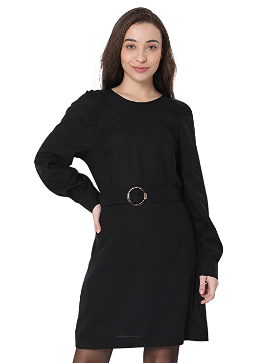 VERO MODA Solid Viscose Round Neck Womens Mini Dress - Image 2
