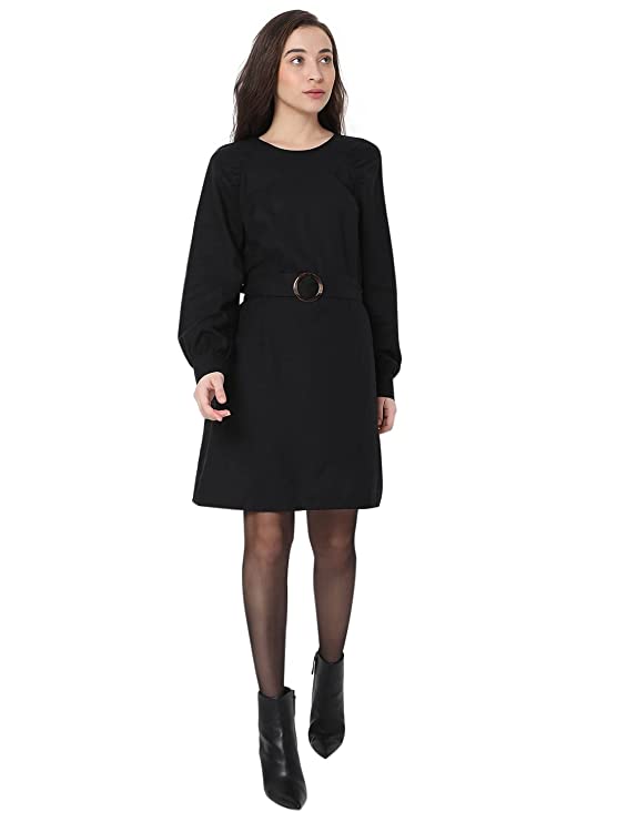 VERO MODA Solid Viscose Round Neck Womens Mini Dress